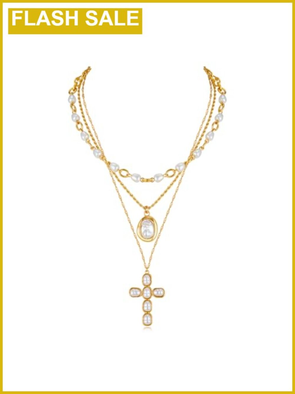 Gold Layered Cross Necklace Pearl Multi Strand Pendant Women Jewelry Gift